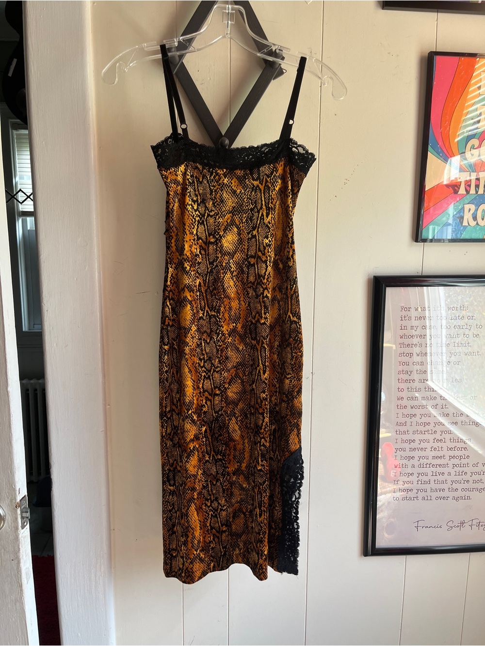Vintage 1990s Betsy Johnson Snake Print Lace Trim Slip Dress in Yellow-Black - Picture 8 of 8